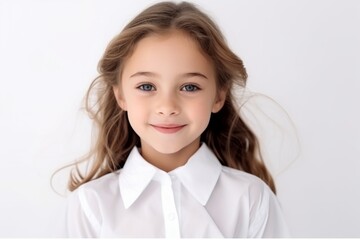 Portrait of a cute little girl in a white shirt on a white background.