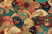 Folding Fan Seamless Pattern. Traditional Japanese Paper Fans. Generative AI