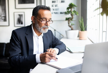 Serious mature european businessman in suit work on laptop, making notes, watch webinar