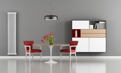 Wall Mural - Modern dining room with round table, red chair and sideboard on wall - 3d rendering