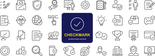 Fototapete - Check mark set of web icons in line style. Approve icons for web and mobile app. Approve, check marks, ticks, inspector, quality check, approved icons and more. Vector illustration