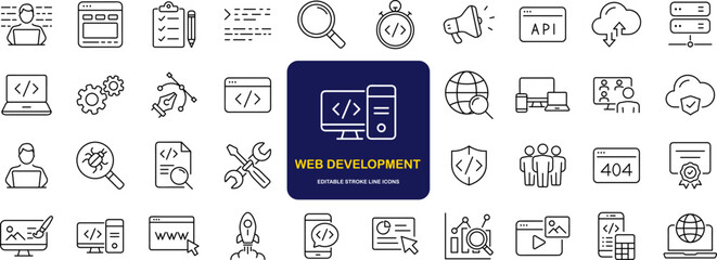 Fototapete - Web development set of web icons in line style. Developer icons for web and mobile app. Code, api, programmer coding, app, flow, node connect, web coder, bug fix and more. Vector illustration