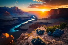 Brilliant Sunset Over Grand Canyon Spectacular View Clear Blue Skies Ultra Photo Realistic Gallery Quality Photo Camera Setup Used By Award Winning Landscape Photographers With Ideal Settings For 
