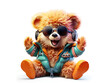 colorful cartoon character baby bear wearing sunglasses and headphones