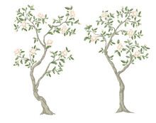 Chinoiserie Trees With White Peonies Isolated. Vector.