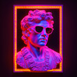 Gypsum statue of David's head in sunglasses in neon frame. Сoncept art.