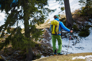 Poster - hiker with backpack on the trail in forest in the Carpathians mountains at winter