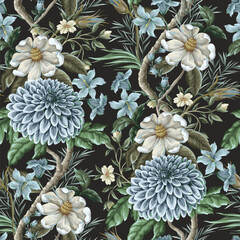 Wall Mural - Seamless pattern with dahlia and magnolia flowers. Vector.