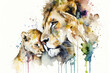 Watercolor Portrait Painting of Lion Father with Lion Cub. Isolated on White Textured Paper Background