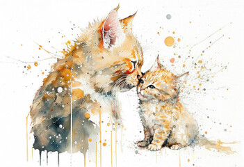 Wall Mural - Watercolor Portrait Painting of Cat Mother with Baby. Isolated on White Paper Textured Background