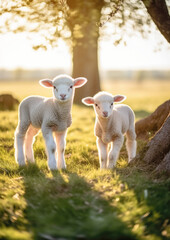 Two young lamb sheep on spring meadow looking curious into camera, nice warm afternoon sunlight haze. Generative AI