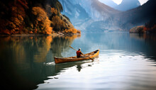 Person Rowing On A Calm Lake In Autumn, Small Boat With Serene Water Around. Generative AI