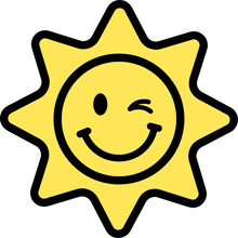 Winking Sun Sticker, Yellow Symbol With Black Outline, Cute Smiling Sun With Winking Eye