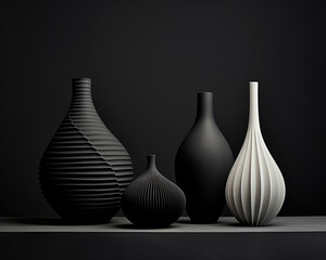 Elegant black and white ceramics on a table against a dark background.  Generative AI.