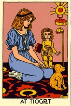 Tarot Card For Nostalgia1980s Woman Sits On Floor With Little Girl With Toys Board Game Simple Ink Lines With Color Stuffed Animal Dolls Ball Toys Atari 2600 Fern Rug Glow Happy Childhood 