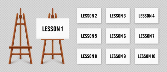 Wall Mural - Realistic paint desk with text on white canvas. Wooden easel and a sheet of drawing paper. Presentation board on a tripod. Online studying, e-learning and education, web tutorial. Vector illustration