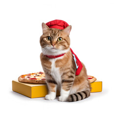 Wall Mural - Cat with pizza. Pizza delivery. Illustration. Ai generation.