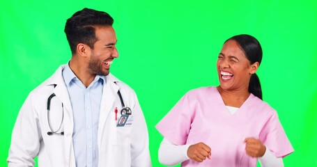 Wall Mural - Happy doctors, team and fist bump in celebration on green screen for healthcare success against a studio background. Portrait of man and woman in medical teamwork, winning or achievement on mockup