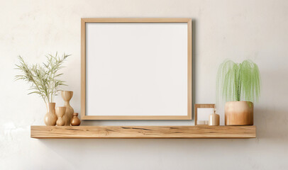 Square empty mock up poster frame on wooden shelf. Interior design of modern living room with white wall and home decor pieces. Created with generative AI