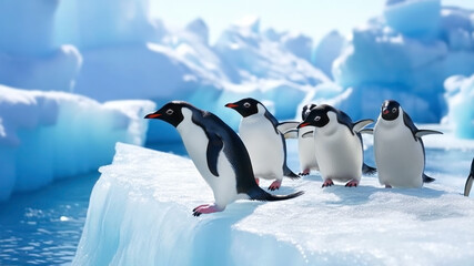 A group of penguins in search of food. Habitat reduction. Concept of climate change, lack of ice, and global warming. Antarctic landscape. Banner