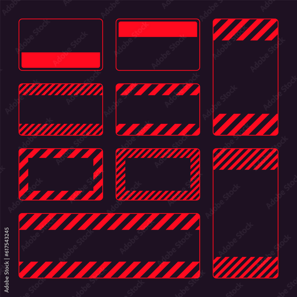Various blank red warning signs with diagonal lines. Attention, danger or caution sign, construction site signage. Realistic notice signboard, warning banner, road shield. Vector illustration