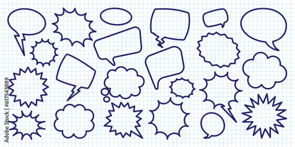 Hand drawn comic speech bubbles on checkered paper sheet. School ...