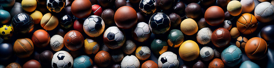 Background composed of a lot of sport balls of different shapes, sizes and colors. Generative AI