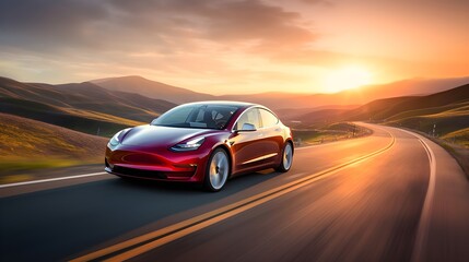 Red electric car driving on a highway in the summer, mountains in the background