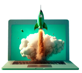 Wall Mural - rocket on laptop screen on png transparent background, startup concept, digital illustration. genera