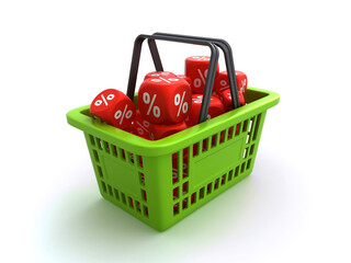 Poster - Shopping basket with discount dice on the white background (3d render)