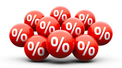 Poster - Red balls with percent represents discount, super sale, three-dimensional rendering, 3D illustration