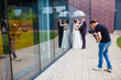 Professional wedding videographer shoots a movie with the newlyweds