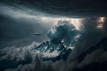 Back Of Jet Airliner Flying Over Clouds Through Massive Thunderstorm Mountain Peaks In Distance Surrounded By Clouds Unreal Engine Cinematic Shot Photo Taken By ARRI Photo Taken By Canon Photo Taken 