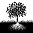 Illustration of silhouette tree with roots as a symbol of nature.