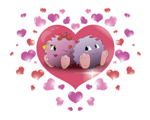 Sticker - couple cartoon monster in big heart beige background