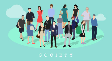 Society concept. A small circle of people of different ages and skin colors. Isolated flat vector illustration