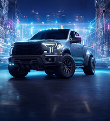 Futuristic pickup truck in a city street at night. Powerful pickup with city lights in the background