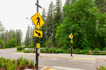 The Iconic Yellow Pedestrian Road Sign at a Local road in the Forest Area. Prioritizing the well-being of pedestrians, fostering a safer and more inclusive transportation environment.