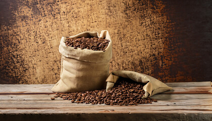 Wall Mural - Fresh old sack of coffee grains and brown old wall background