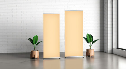 Wall Mural - roll up mockup poster stand in against clean brick wall environment with plants as wide banner design with blank empty copy space area - Generative AI