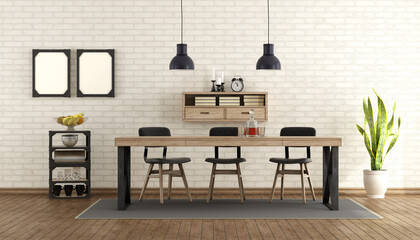 dining room in industrial style with table and chairs - 3d rendering