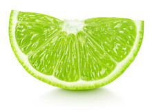 Ripe Slice Of Green Lime Citrus Fruit Isolated On White Background