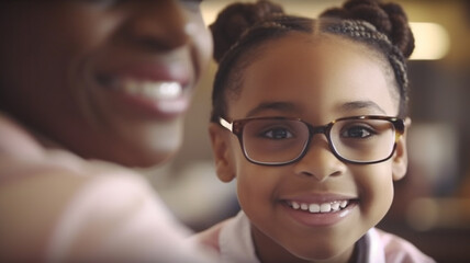 young child kid girl african american with glasses smiles to her mature adult teacher or mother mum