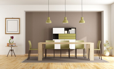 Wall Mural - Modern dining room with wooden table, chairs and sideboard - 3d rendering