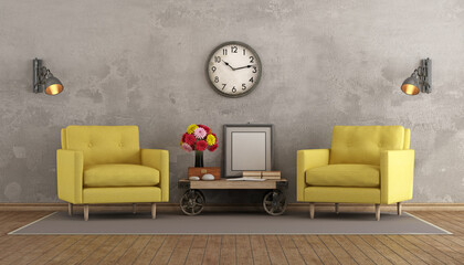 Wall Mural - Retro living room with two yellow armchairs and coffee table in industrial style - 3d rendering