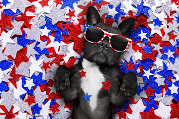 french bulldog waving a flag of usa and victory or peace fingers on independence day 4th of july with sunglasses