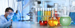 © New Africa - Chemistry and chemical research. Collage of laboratory glassware and scientist working with liquid. Banner design