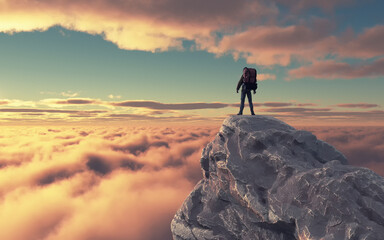 young man up the mountain admiring the landscape. this is a 3d render illustration