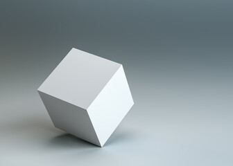 Poster - A white empty cube stands on the corner. Dark blue background. 3D illustration