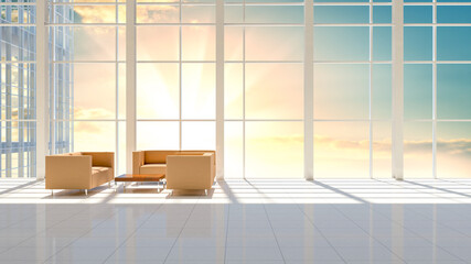 Wall Mural - Minimal business interior of a skyscraper floor. Beautiful sunrise or sunset outside the windows. In the room there are sofas and a table. 3d illustration